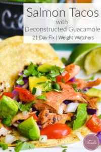 Salmon Tacos make a delicious and healthy weeknight dinner! Gluten-free, dairy-free, 21 Day Fix approved and include Weight Watchers points! #21dayfix #weightwatchers #ww #wwpersonalpoints #fish #lent #dinner #healthydinner #tacotuesday #mealprep #glutenfree #dairyfree #glutenfreedairyfree 