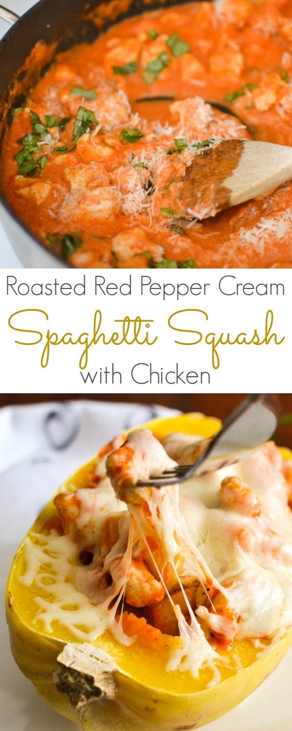 Cheesy Spaghetti Squash Boats with Chicken and Roasted Red Pepper Cream Sauce is a delicious low-carb and healthy dinner! #21dayfix #lowcarb #dinner #healthy #healthydinner #mealprep #2bmindset #kidfriendly 