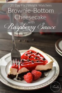 Brownie-bottom cheesecake with raspberry sauce graphic