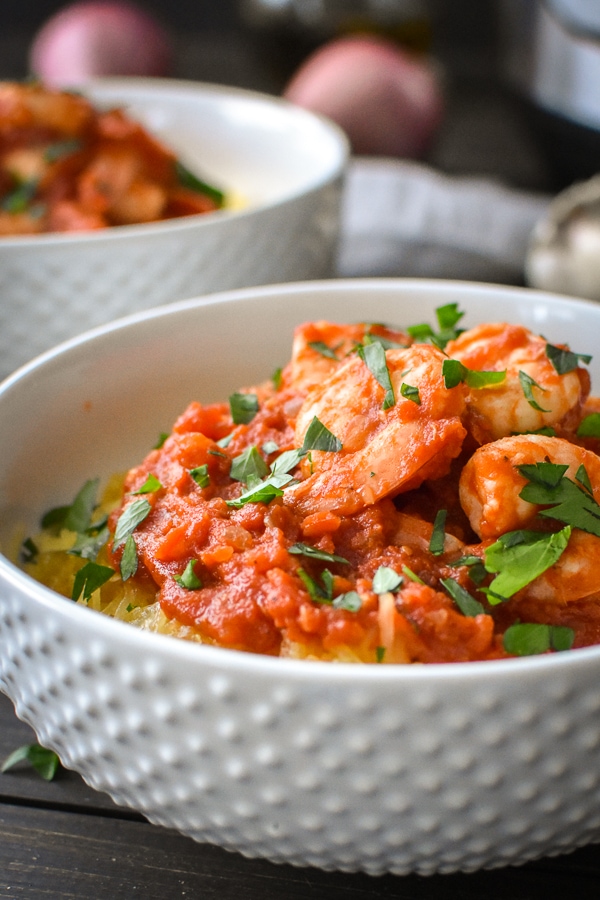 This 21 Day Fix Instant Pot Shrimp and Spaghetti Squash Fra Diavolo is an easy, delicious dinner that's on your table in 30 minutes! Gluten Free | Dairy Free