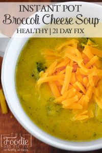 This 21 Day Fix broccoli cheese soup {Instant Pot | Stovetop} is made without any milk or cream and is still creamy, velvety, and deliciously healthy comfort in a bowl. Quick, easy, gluten free and kid-friendly! #instantpot #21dayfix #quick #easy #dinner #lunch #healthy #healthydinner #kidfriendly #mealprep #fall