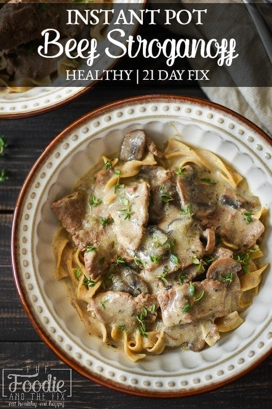This 21 Day Fix Instant Pot Beef Stroganoff is my healthy take on the classic family dinner! There's nothing better than having tender beef and pasta in this creamy, mushroom-y sauce on your table in under an hour. #instantpot #21dayfix #kidfriendly #dinner #healthy #healthydinner #healthyinstantpot #mealprep