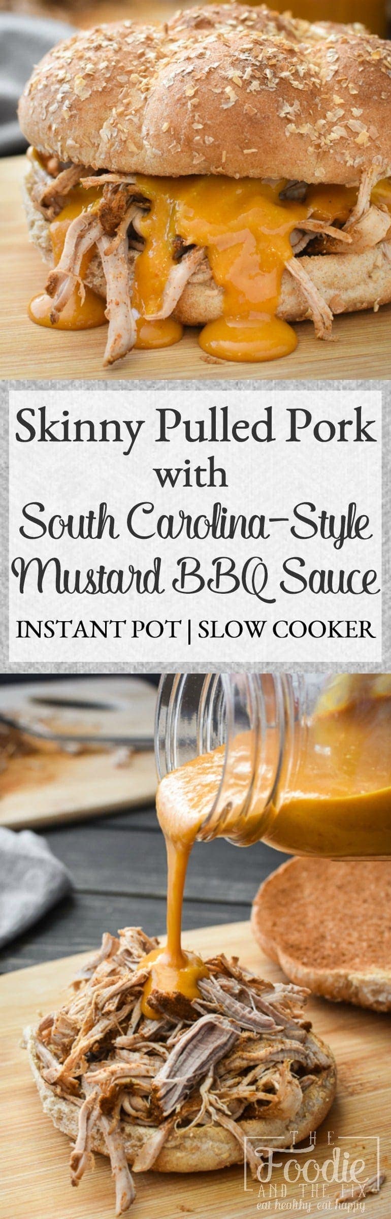 This healthy pulled pork with BBQ sauce is SO crazy delicious AND can be made in about an hour and a half from start to finish in the Instant Pot! It's such an easy, family-pleasing 21 Day Fix dinner! #bbq #picnic #easy #dinner #mealprep #weightloss #21dayfix #beachbody #lunch #instantpot #slowcooker #crockpot #healthy #healthydinner