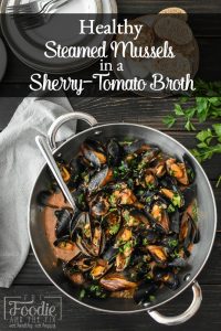 Steamed Mussels in Sherry-Tomato Broth make for an easy, inexpensive dinner or appetizer. A perfect 21 Day Fix Feast of the Seven Fishes recipe for Christmas Eve, too! #21dayfix #2bmindset #glutenfree #holiday #healthyholiday #appetizer #dinner #healthydinner #healthyappetizer #portionfix #quick #seafood #feastofthesevenfishes #italian
