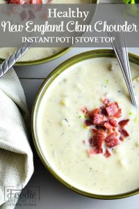 This Instant Pot 21 Day Fix New England Clam Chowder uses cauliflower to make it rich and creamy without any heavy cream. Stove top instructions, too! GF. #healthyinstantpot #instantpot #soup #healthysoup #chowder #21dayfix #portionfix #weightloss #mealplan #mealprep #healthy #healthydinner #weightwatchers #freestylepoints #glutenfree