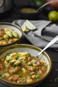 This healthy Pozole Verde is the perfect fall/winter dinner! Instant Pot and Crock Pot instructions, 21 Day Fix counts and Weight Watchers Freestyle Points! #kidfriendly #weightwatchers #freestylepoints #21dayfix #healthy #healthyinstantpot #instantpot #crockpot #slowcooker #mexican #glutenfree #dairyfree #dinner #healthydinner #mealprep #weightloss