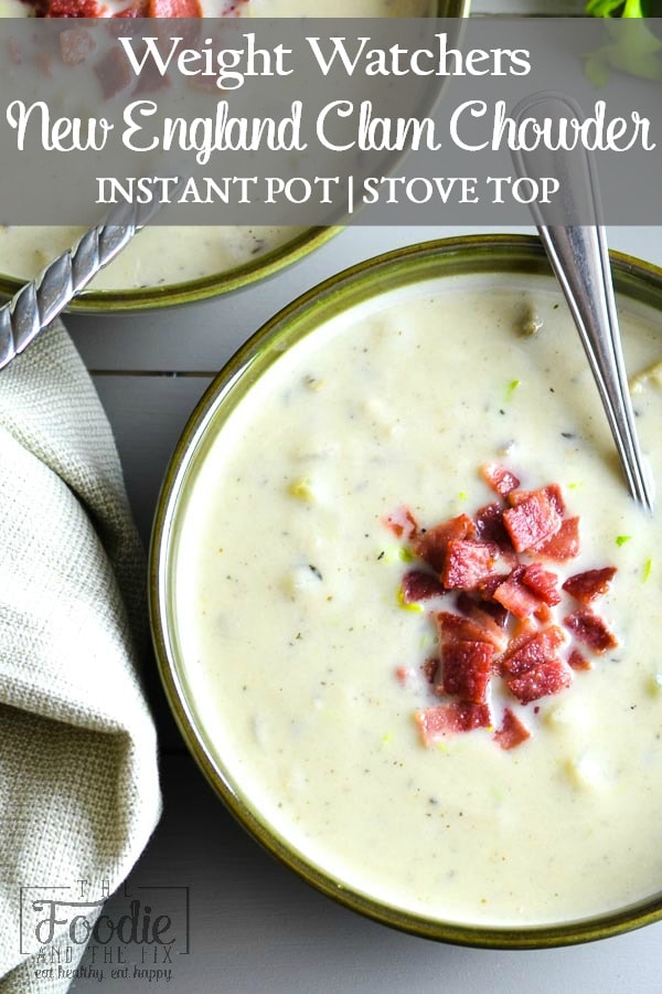 This Weight Watchers Instant Pot New England Clam Chowder uses cauliflower to make it rich and creamy without any heavy cream. Stove top instructions, too! GF. #healthyinstantpot #instantpot #soup #healthysoup #chowder #21dayfix #portionfix #weightloss #mealplan #mealprep #healthy #healthydinner #weightwatchers #freestylepoints #glutenfree