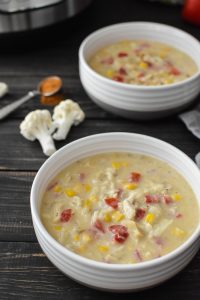 This healthy and delicious Instant Pot Crab and Corn Chowder is such a filling and easy kid-friendly dinner! 21 Day Fix, Weight Watchers, Gluten Free. #healthy #instantpot #healthyinstantpot #healthydinner #dinner #kidfriendly #glutenfree #weightwatchers #21dayfix #portionfix #mealprep #mealplan #weightloss #soup #fall #seafood