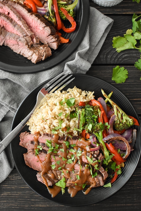 Cilantro-Lime Flank Steak Sheet Pan Dinner with Spicy Peanut Sauce