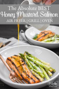 This easy 5-Ingredient Honey Mustard Salmon takes 20 minutes to make and is a deliciously healthy dinner! Can be made in the air fryer, oven or on the grill! Gluten Free | 21 Day Fix | Weight Watchers #glutenfree #21dayfix #ultimateportionfix #weightwatchers #airfryer #grilling #dinner #healthydinner #kidfriendly #summer #beachbody #weightloss #mealprep #5ingredient #5ingredients #seafood