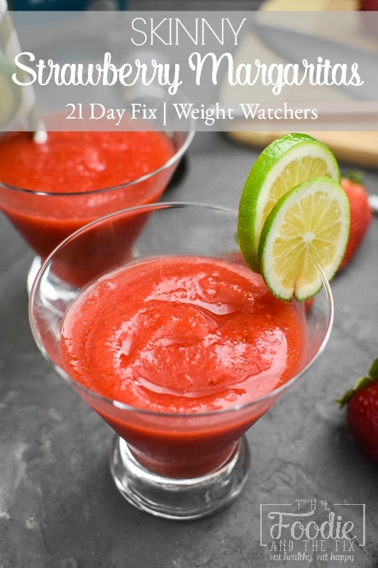 This Skinny Frozen Strawberry Margarita can be made in just minutes and is the perfect drink to make with your favorite Mexican dinner! #21dayfix #weightwatchers #margarita #margaritas #strawberries #tacotuesday #healthy #healthydrink #healthymexican #cocktail #skinnycocktail #skinnycocktails #mexican 