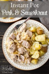 This Instant Pot Pork and Sauerkraut is so delicious and has only 5 ingredients! It makes for an easy, healthy dinner the whole family will love! #newyearsday #goodluck #21dayfix #weightwatchers #mealprep #freezermeal #5ingredients #fiveingredients #weightloss #glutenfree #dairyfree #dinner #healthydinner #easydinner #instantpot #pressurecooker #healthy #healthyrecipe