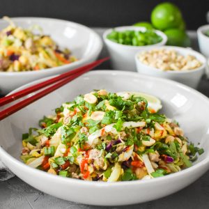 This Pad Thai Egg Roll in a Bowl is a low-carb twist on a take-out favorite! This delicious, healthy dinner is also quick and easy to make! #21dayfix #portionfix #ww #weightwatchers #lowcarb #padthai #healthy #healthydinner #instantpot #healthyinstantpot #glutenfree #mealprep #makeyourowntakeout