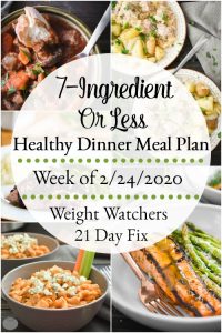 This 7-Ingredient-or-less healthy dinner meal plan includes 5 easy, delish meals (and a printable grocery list!) that’ll have you looking forward to dinnertime! Plus meal prepping ideas for breakfast, lunch and snacks! 21 Day Fix | Weight Watchers #mealplan #mealplanning #mealprep #healthy #healthydinners #21dayfix #portioncontrol #portionfix #weightwatchers #ww #grocerylist #healthymealplan #instantpot #ultimateportionfix #weightloss #beachbody