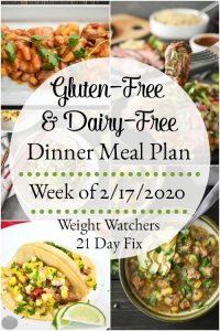 This gluten-free and dairy-free healthy dinner meal plan includes 5 easy, delish meals (and a printable grocery list!) that’ll have you looking forward to dinnertime! Plus meal prepping ideas for breakfast, lunch and snacks! 21 Day Fix | Weight Watchers #mealplan #mealplanning #mealprep #healthy #healthydinners #21dayfix #portioncontrol #portionfix #weightwatchers #ww #grocerylist #healthymealplan #instantpot #ultimateportionfix #weightloss #beachbody #glutenfree #dairyfree