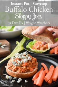 Instant Pot Buffalo Chicken Sloppy Joes use only seven ingredients and take only 20 minutes to make! An easy, healthy dinner, perfect for game day! #21dayfix #ww #weightwatchers #weightloss #buffalo #healthy #healthydinner #healthylunch #mealprep #gameday #superbowl #superbowlfood