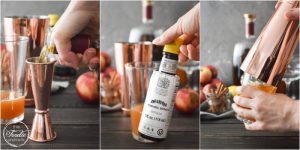 A collage of photos showing how to make an apple bourbon cocktail