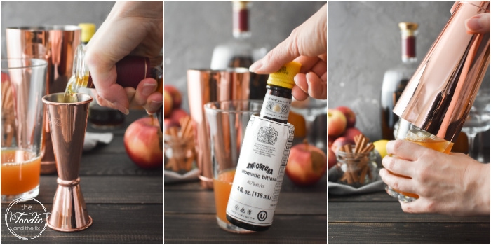 A collage of photos showing how to make an apple bourbon cocktail