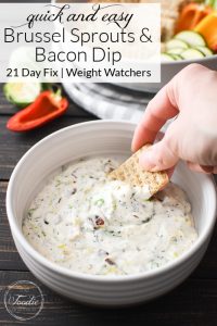 This Healthy Brussels and Bacon Dip is quick, easy, and creamy-delicious! It's also gluten-free and packed with protein for healthy snacking! #21dayfix #UPF #weightwatchers #snacking #holiday #christmas #thanksgiving #gameday #healthygameday #glutenfree #ww #healthy #healthysnack #weightloss #kidfriendly 