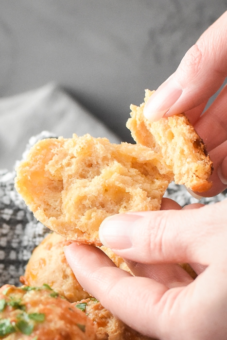 a close-up of the texture of a cheddar bay biscuit