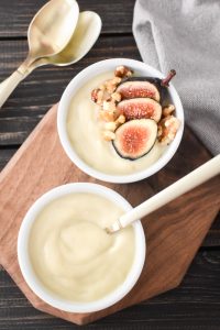 Dairy-free vanilla pudding with figs and walnuts
