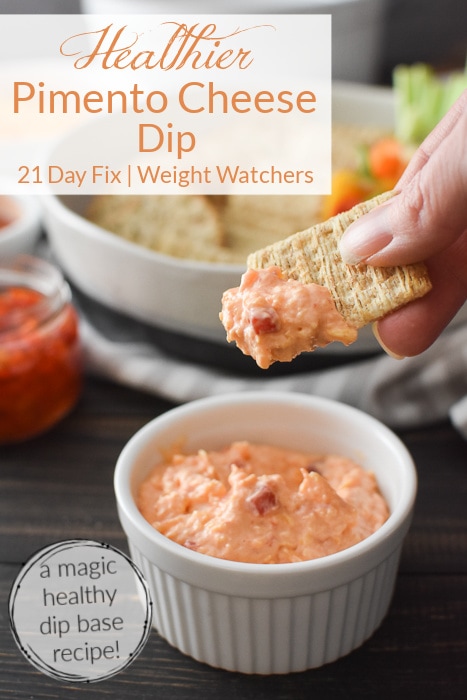 This Healthier Pimento Cheese Dip tastes like the real deal but it's packed with protein for healthy snacking! Perfect for game night or to make a pimento cheese sandwich for lunch! Gluten-free! #21dayfix #UPF #weightwatchers #snacking #holiday #christmas #thanksgiving #gameday #healthygameday #glutenfree #ww #healthy #healthysnack #weightloss #lunch #healthylunch #kidfriendly #southernfood #healthysouthernfood