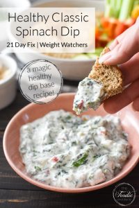 This healthy Classic Cold Spinach Dip is quick, easy, and creamy-delicious! It's also gluten-free and packed with protein for healthy snacking, but gives you all of those classic spinach dip flavors you love! #21dayfix #UPF #weightwatchers #snacking #holiday #christmas #thanksgiving #gameday #healthygameday #glutenfree #ww #healthy #healthysnack #weightloss #kidfriendly