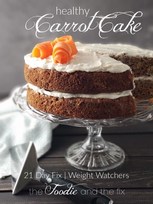 21 Day Fix carrot cake is tender, perfectly spiced with a delish, tangy frosting! Refined sugar-free, Weight Watchers and perfect for Easter! #21dayfix #upf #ultimateportionfix #weightwatchers #easter #healthyeaster #dessert #healthydessert #refinedsugarfree #goatcheese #holiday #healthyholiday #holidays #springrecipe #springrecipes