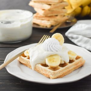 These Banana Pudding Dessert Waffles are a sweet treat perfect for Mother's Day brunch or anytime you want an extra special breakfast (or dessert)! 21 Day Fix and Weight Watchers friendly, too! #21dayfix #ww #mothersday #brunch #breakfast #healthybreakfast #healthybrunch #healthy #holiday #holidaybreakfast #Easter
