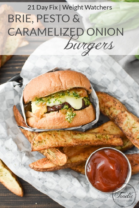 Brie, Pesto and Caramelized Onion Burgers can be made as beef or turkey burgers and are so decadent! Perfect for company, 21 Day Fix and WW! #21dayfix #ww #weightwatchers #grill #grilling #barbecue #memorialday #turkeyburger #laborday #4thofjuly #fourthofjuly #fathersday