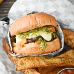 Brie, Pesto and Caramelized Onion Burgers