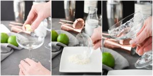 Step by step photos for rimming a margarita glass