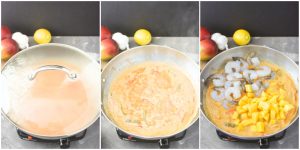 adding the shrimp and mango to the mango curry