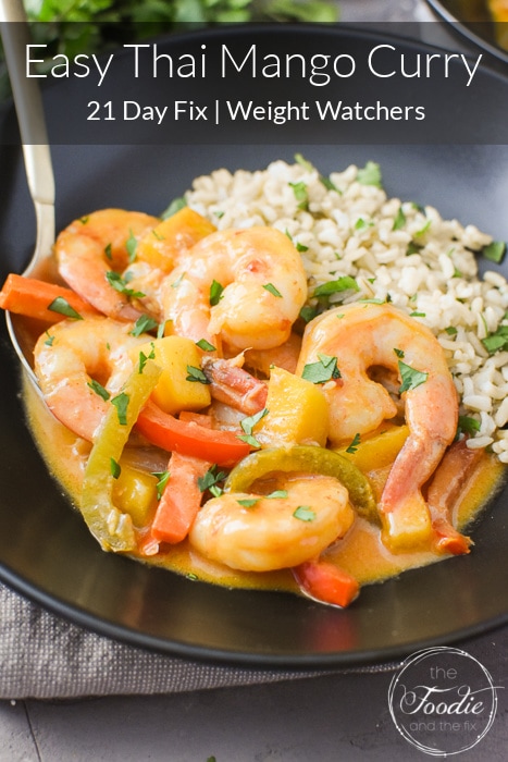This Thai Mango Curry with Shrimp is such a crazy-flavorful and healthy dinner recipe! I also love that it's gluten-free, dairy-free and perfect for the 21 Day Fix and Weight Watchers! Great for meal prep, too! #21dayfix #weightwatchers #mealprep #thaiinspired #seafood #lent #healthydinner #dinner #quickdinner #glutenfree #dairyfree