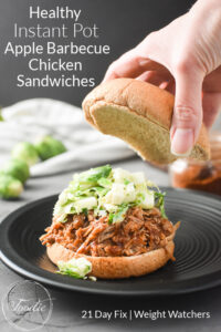 These Apple Barbecue Chicken Sandwiches are sweet-spicy deliciousness topped with a tangy green apple and brussels sprout slaw. 21 Day Fix approved, Weight Watchers friendly and gluten-free! #21dayfix #beachbody #portionfix #ww #weightwatchers #glutenfree #healthy #healthylunch #mealprep #healthydinner #fallfood #winterfood #kidfriendly #familyfriendly #gamedayfood #healthygameday