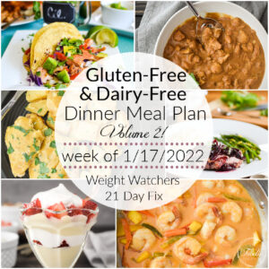 This gluten-free and dairy-free healthy dinner meal plan (Volume 2!) includes 5 easy, delish meals (and a printable grocery list!) that’ll have you looking forward to dinnertime! Plus meal prep ideas for breakfast, lunch and snacks! 21 Day Fix | Weight Watchers #mealplan #mealplanning #mealprep #healthy #healthydinners #21dayfix #portioncontrol #portionfix #weightwatchers #ww #grocerylist #healthymealplan #instantpot #ultimateportionfix #weightloss #beachbody #glutenfree #dairyfree #weightwatcherspersonalpoints #personalpoints