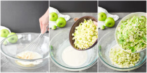 how-to photo collage of green apple and brussels sprout slaw