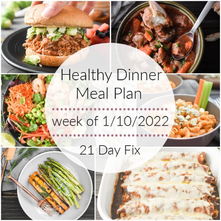 This healthy dinner meal plan includes 5 easy, delish meals (and a printable grocery list!) that’ll have you looking forward to dinnertime! Plus meal prepping ideas for breakfast, lunch and snacks! 21 Day Fix | Weight Watchers #mealplan #mealplanning #mealprep #healthy #healthydinners #21dayfix #portioncontrol #portionfix #weightwatchers #ww #grocerylist #healthymealplan #instantpot #ultimateportionfix #weightloss #beachbody