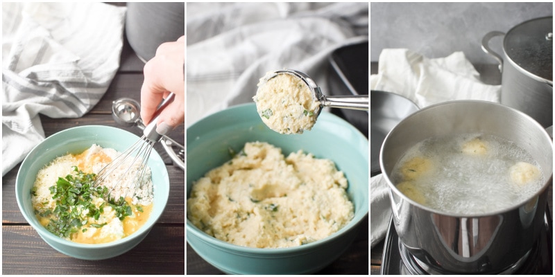 Mixing ricotta dumpling dough and dropping into boiling water with a cookie scoop