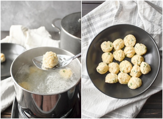 Collage: photo 1 shows removing cooked ricotta dumplings from boiling water; photo 2 shows all of the cooked dumplings on a plate