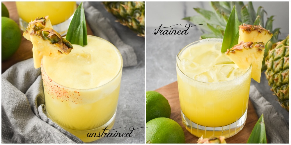 A photo showing the difference between a strained or unstrained pineapple margarita