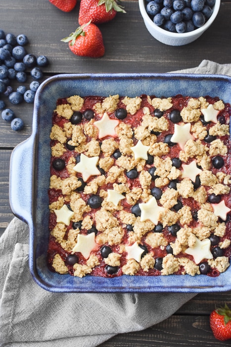 A pan full of red white and blue berry crumb bars