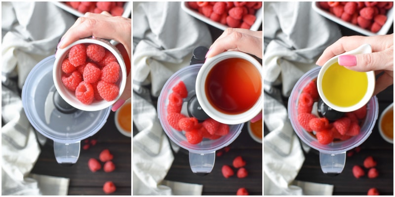 Adding raspberries, vinegar and olive oil to a food processor to make raspberry vinaigrette.