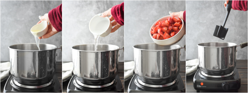 adding lemon juice, water and strawberries to a pot to make jam