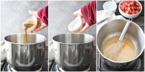 A collage showing the addition (and the whisking) cornstarch and maple syrup in a pot