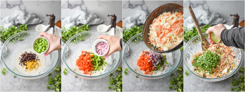 adding the veggies, corn, beans and slaw mix to the creamy mexican coleslaw dressing