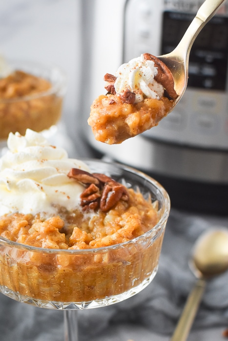 a spoonful of pumpkin rice pudding with pecans and coco whip