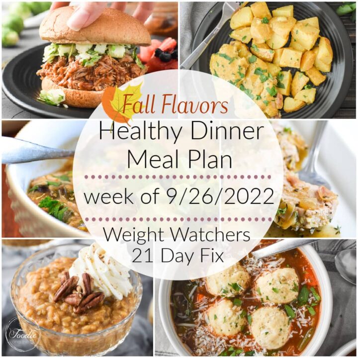 This healthy fall dinner meal plan includes 5 easy, delish meals (and a printable grocery list!) that’ll have you looking forward to dinnertime! Plus meal prepping ideas for breakfast, lunch and snacks! 21 Day Fix | Weight Watchers #mealplan #mealplanning #mealprep #healthy #healthydinners #21dayfix #portioncontrol #portionfix #weightwatchers #ww #grocerylist #healthymealplan #instantpot #ultimateportionfix #weightloss #beachbody #healthyfall #fallfood