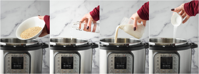 Adding rice, water, almond milk and salt to an Instant Pot