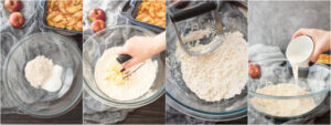 A photo collage showing mixing the dry ingredients for cobbler dough, then cutting in the butter, then adding milk.